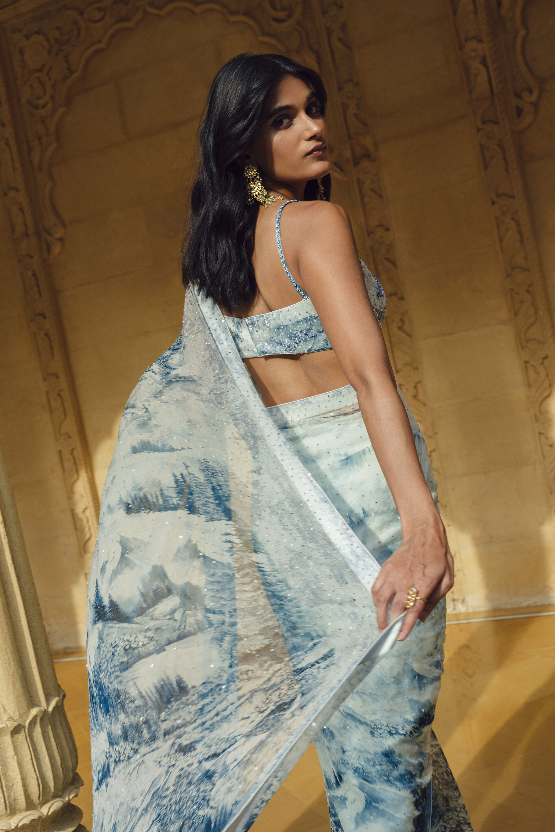 Morava Sequin Chiffon Saree - Powder Blue, Powder Blue, image 5